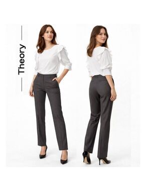 Theory Namiko Wool Pinstripe Trousers Grey Tailored Slim Workwear 10